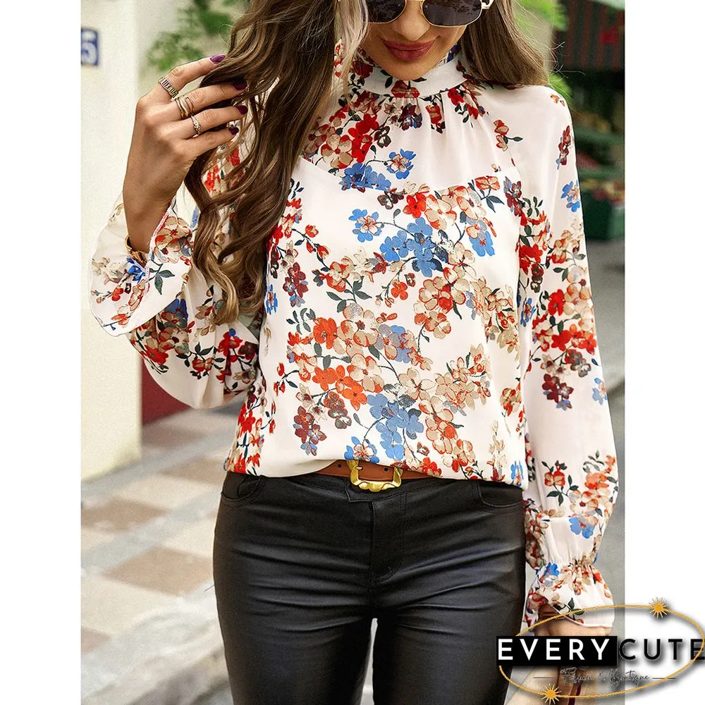 Apricot Floral Print Chiffon Long Sleeve Blouse