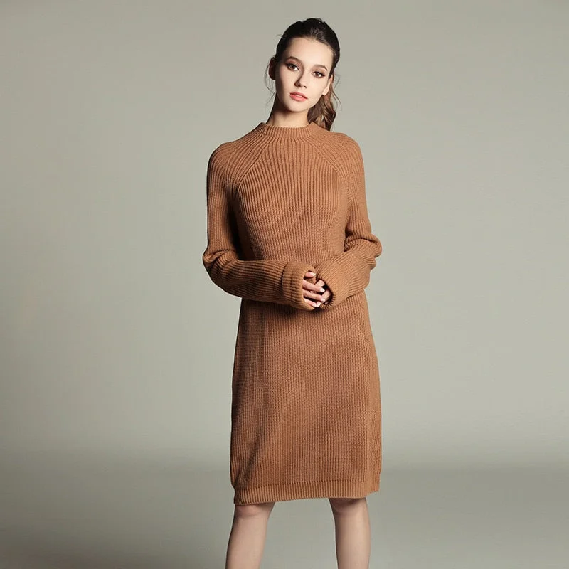 Autumn Winter Solid Knitted Cotton Sweater Dresses Women Fashion Loose O-neck Pullover Female Knitted Dress Vestidos Feminino