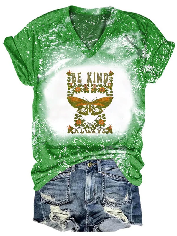 Short Sleeve V Neck Gradient Be Kind Letter Printed T-shirt