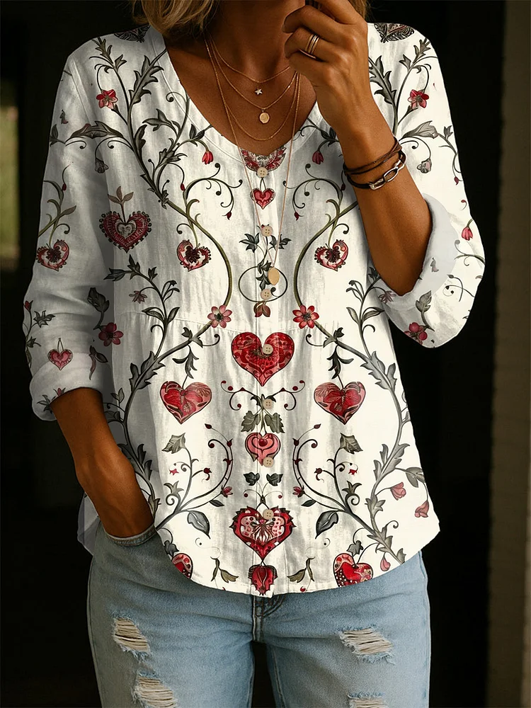 Women's Vintage Flower Pattern Art Print Casual Cotton Shirt