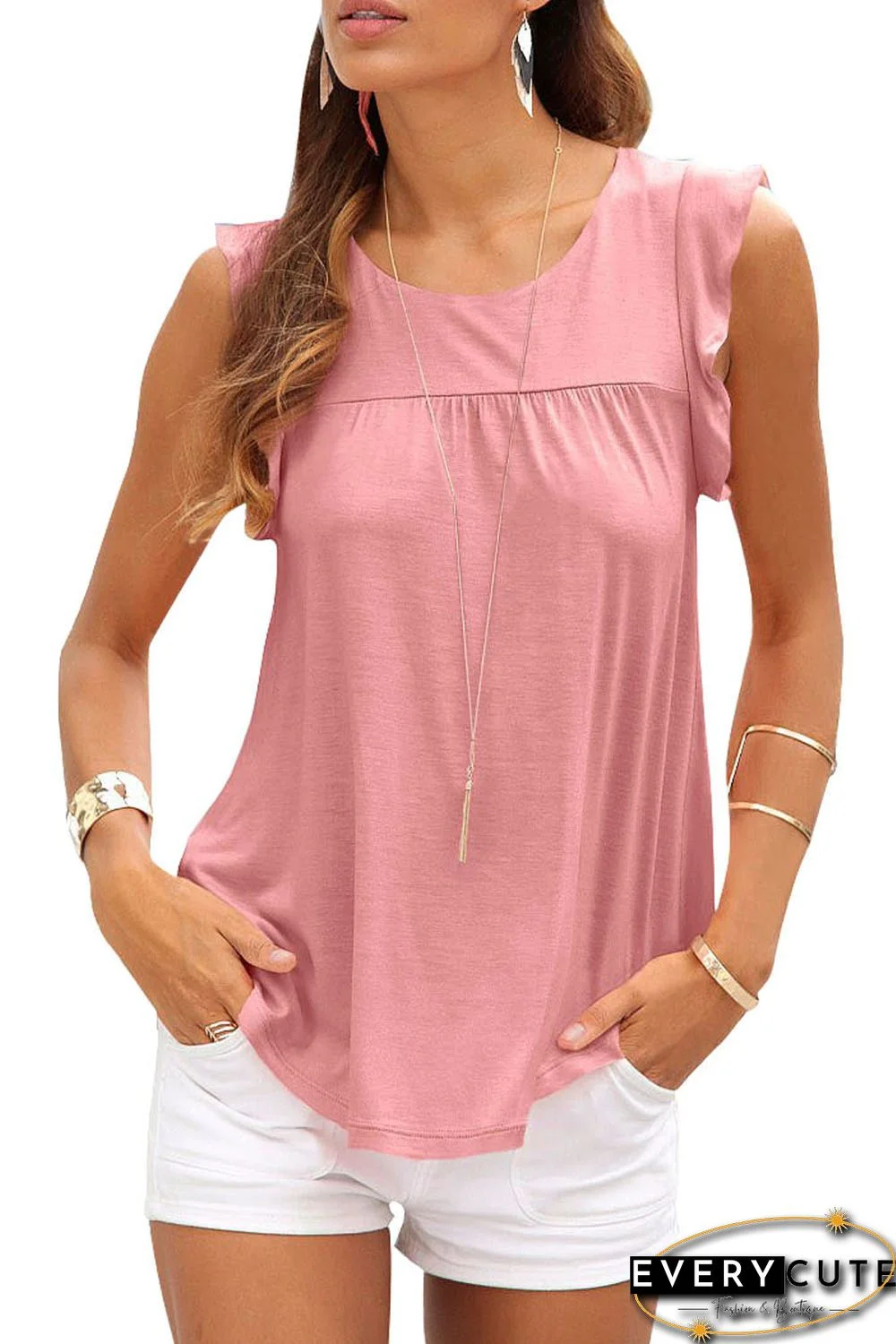 Pink Keyhole Back Ruffled Sleeveless Top