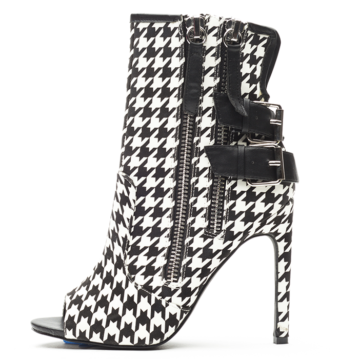 GOOSHOE Black and White Houndstooth Buckles Stiletto Boots
