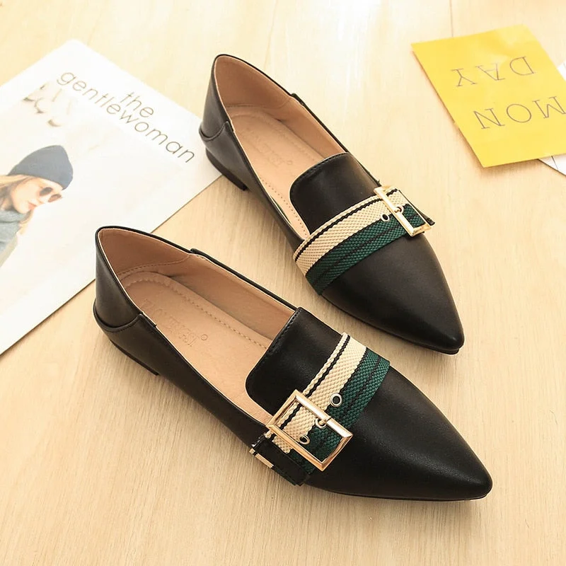 Pointed Toe Flats Womens Metal Buckle Single Shoes Cloth Belt Ballerina Loafers Slip On Lady Office Shoes Dress Leather Creepers