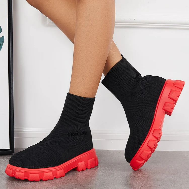 Knit Lug Sole Ankle Boots Chunky Platform Sock Booties