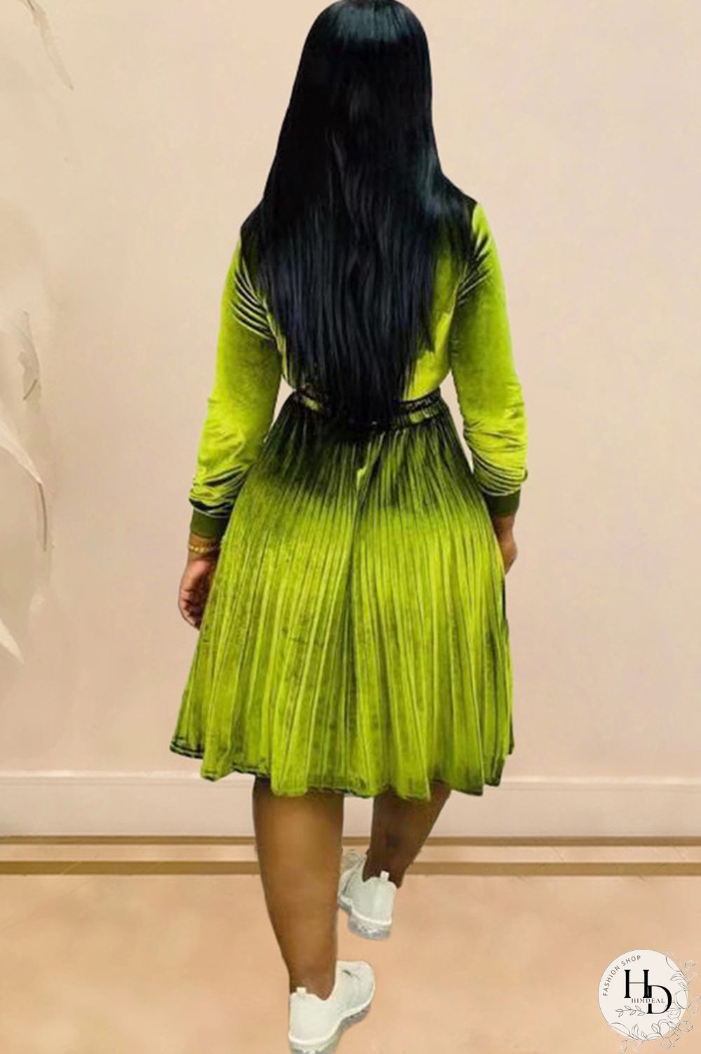 Army Green Sexy Cap Sleeve Long Sleeves Turndown Collar pleated Knee-Length Character Solid Long Sle