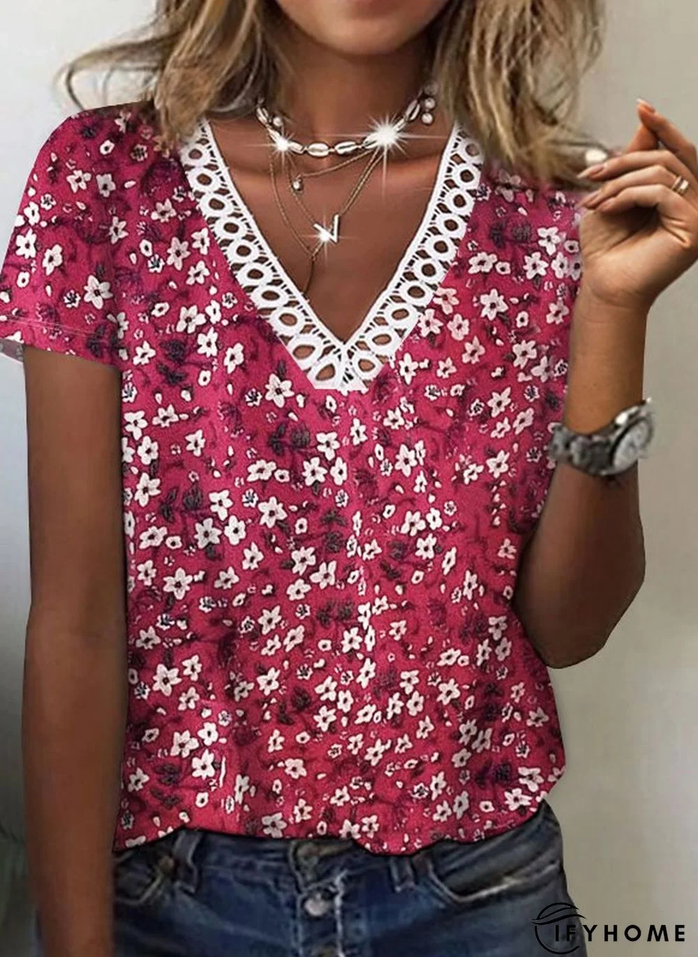 V Neck Floral Short Sleeve T-Shirt | IFYHOME