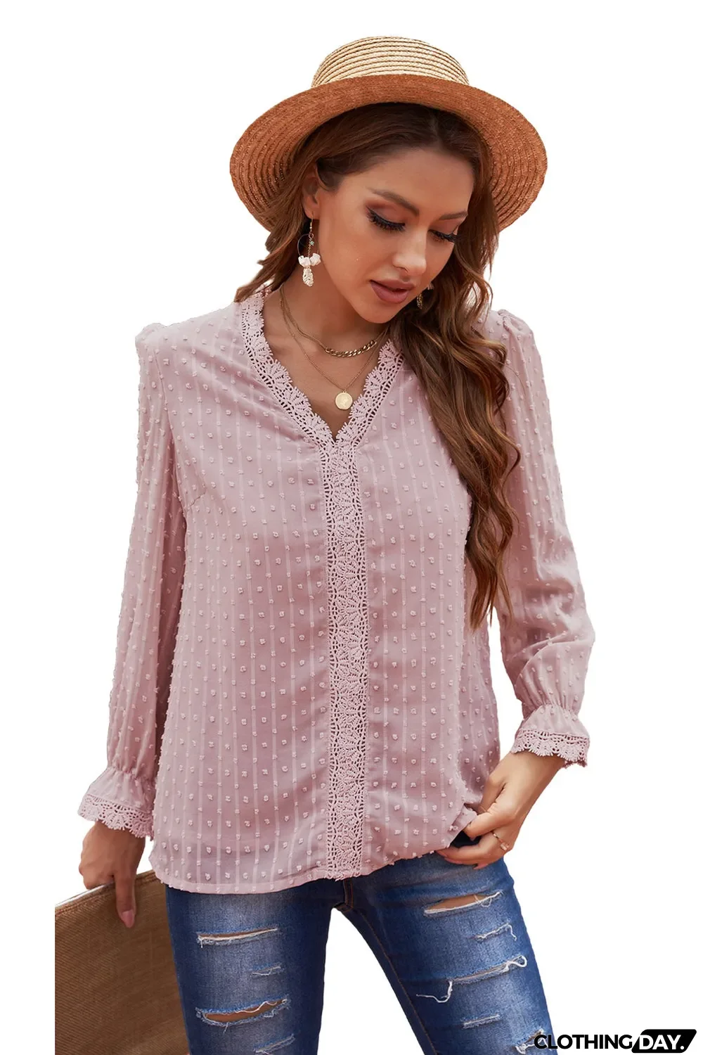 Elegant V-Neck Swiss Dot Lace Blouse
