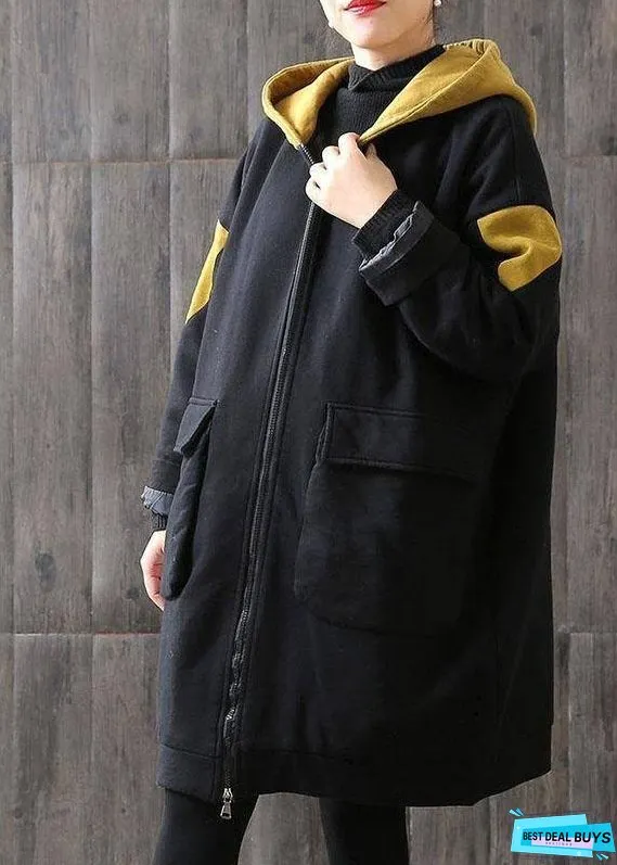 Unique Coffee hooded zippered Pockets Patchwork Winter Cotton Thick Coats Long sleeve