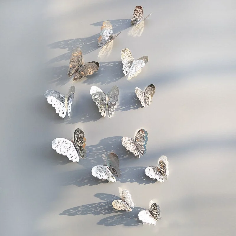 12 Pcs/Set 3D Wall Stickers Butterfly Hollow Paper 3Sizes Silver Gold for Fridge Stickers Home Party Wedding Decor Free Shipping