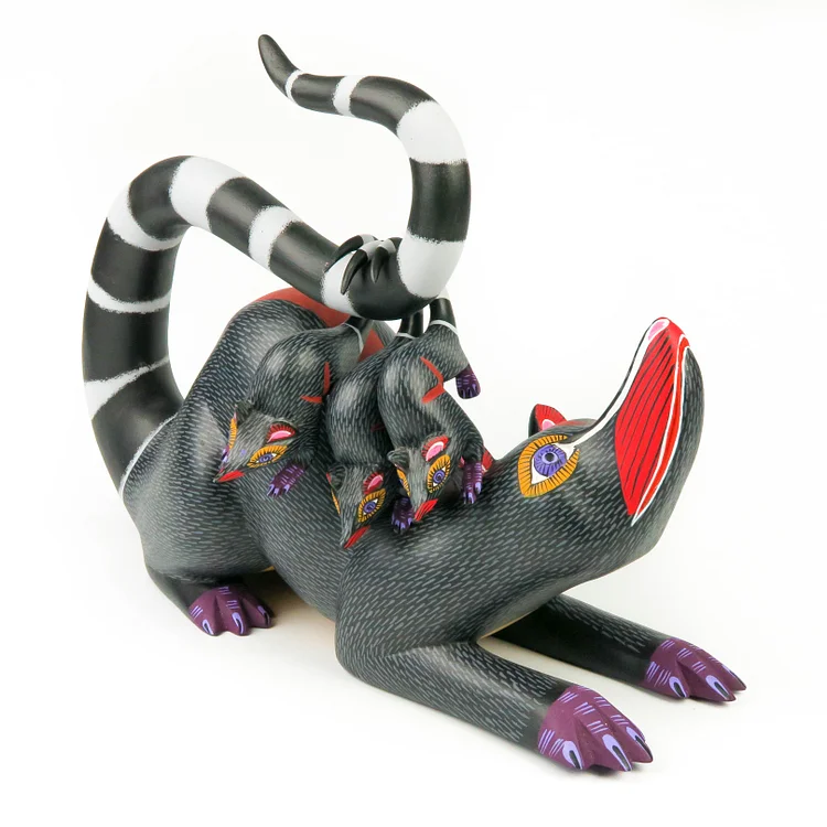 Black Opossum Family - Oaxacan Alebrije Wood Carving Mexican Folk Art Sculpture