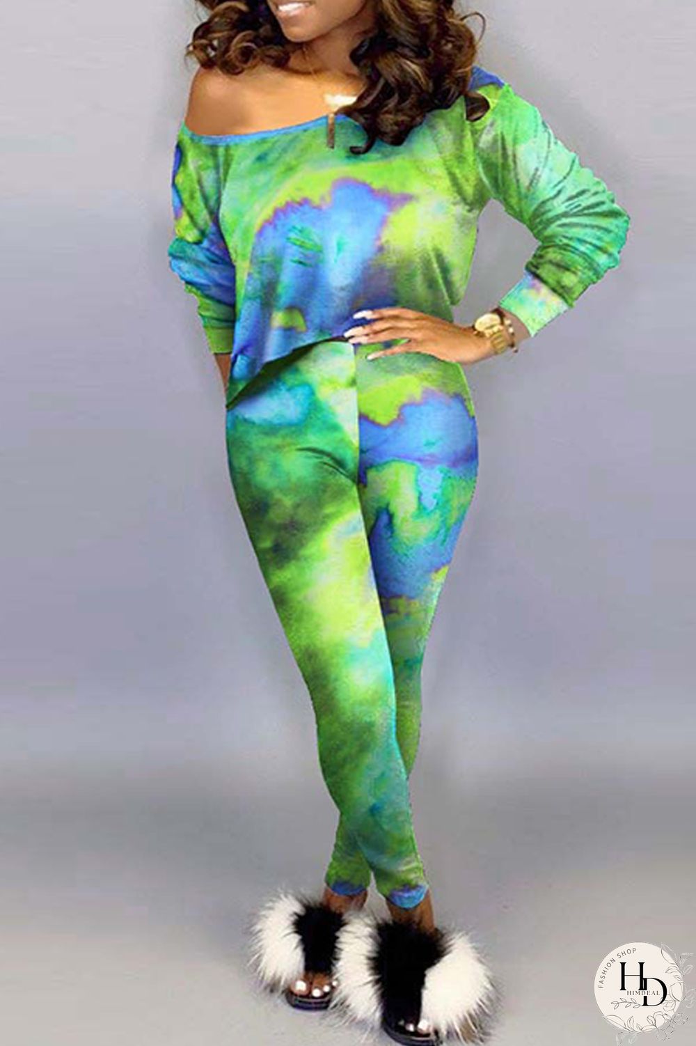 Green Fashion Casual Print Tie-dye Oblique Collar Long Sleeve Two Pieces