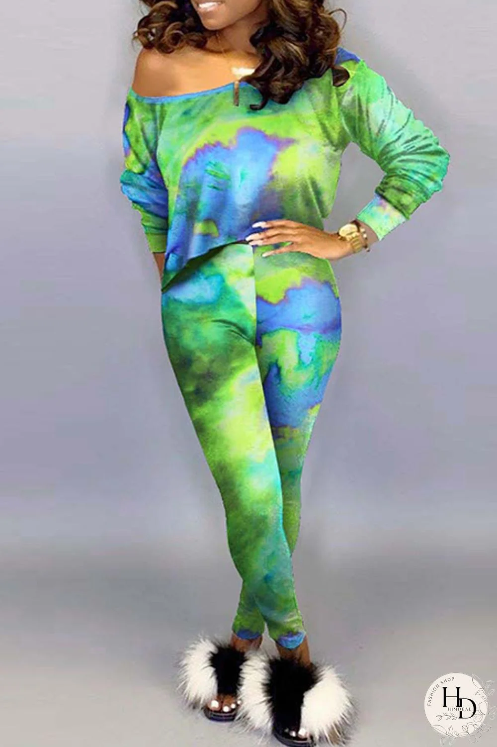 Green Fashion Casual Print Tie-dye Oblique Collar Long Sleeve Two Pieces