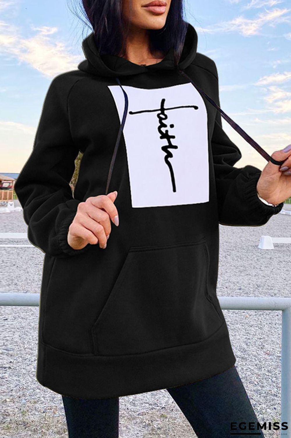 Black Fashion Casual Print Patchwork Hooded Collar Tops | EGEMISS