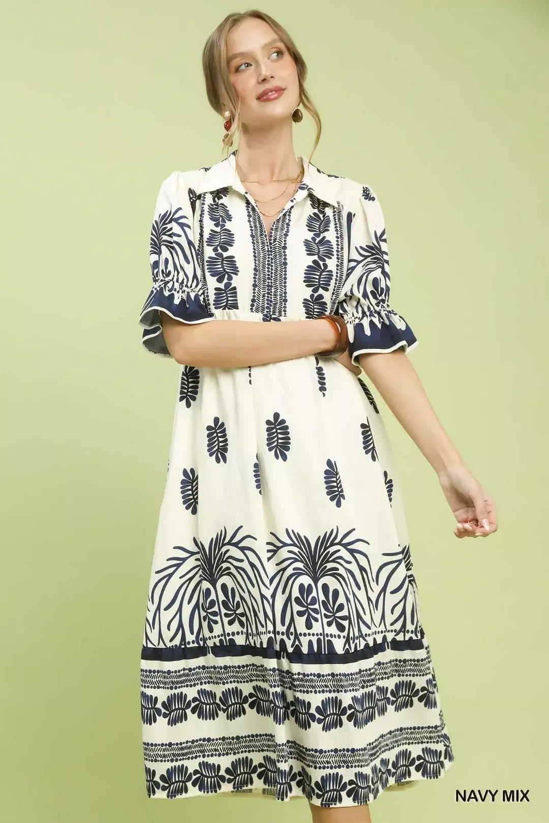 Umgee Border Print Midi Dress with Puff Sleeves mysite idetrend