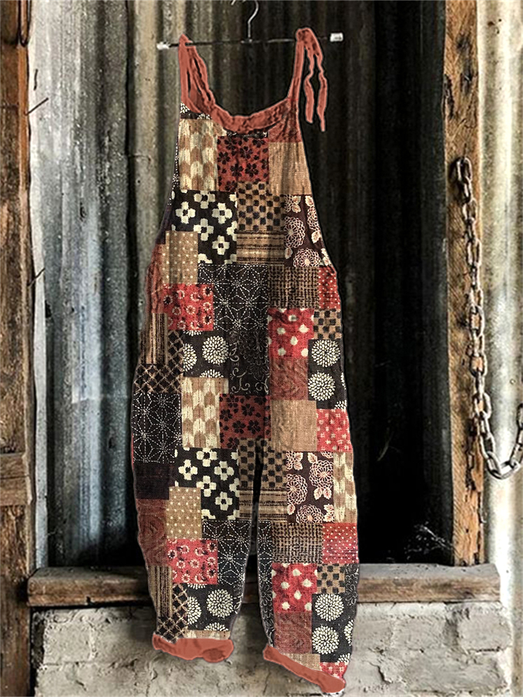 Comstylish Vintage Japanese Art Patchwork Linen Blend Jumpsuit
