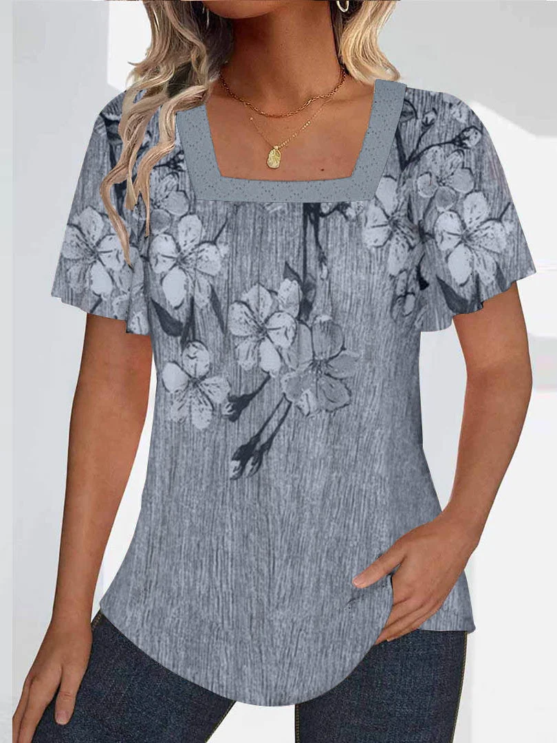 Women plus size clothing Women Short Sleeve U-neck Floral Printed Graphic Tops-Nordswear