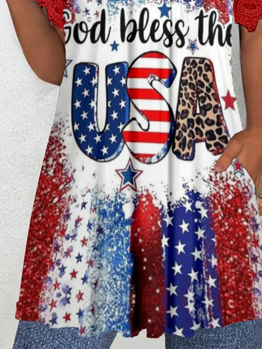 Women's Short Sleeve V-neck Graphic Lace Pockets Tops