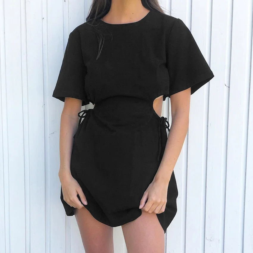OOTN Round Neck Black Mini Dress Women Short Sleeve Hollow Out Sexy Female Lace Up Chic Streetwear Summer Dresses Casual Cotton