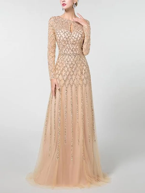 Round Neck Long Sleeves Sequined Lace Maxii Dress