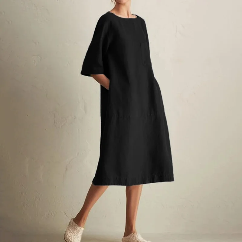 ⚡NEW SEASON⚡Casual Crew Neck Linen Blend Pocket Midi Dress