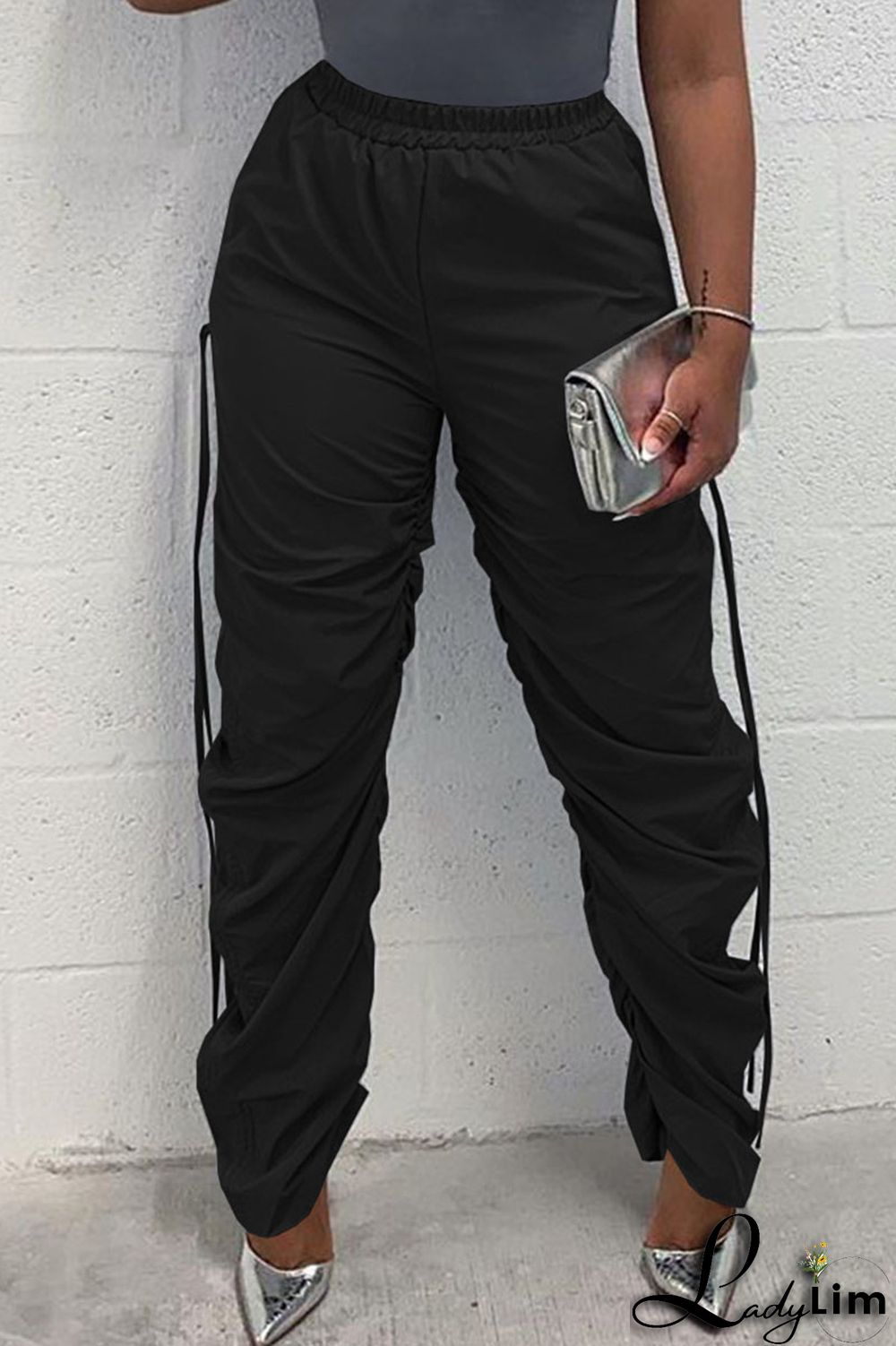 Green Casual Solid Patchwork Draw String Fold High Waist Pencil Solid Color Bottoms