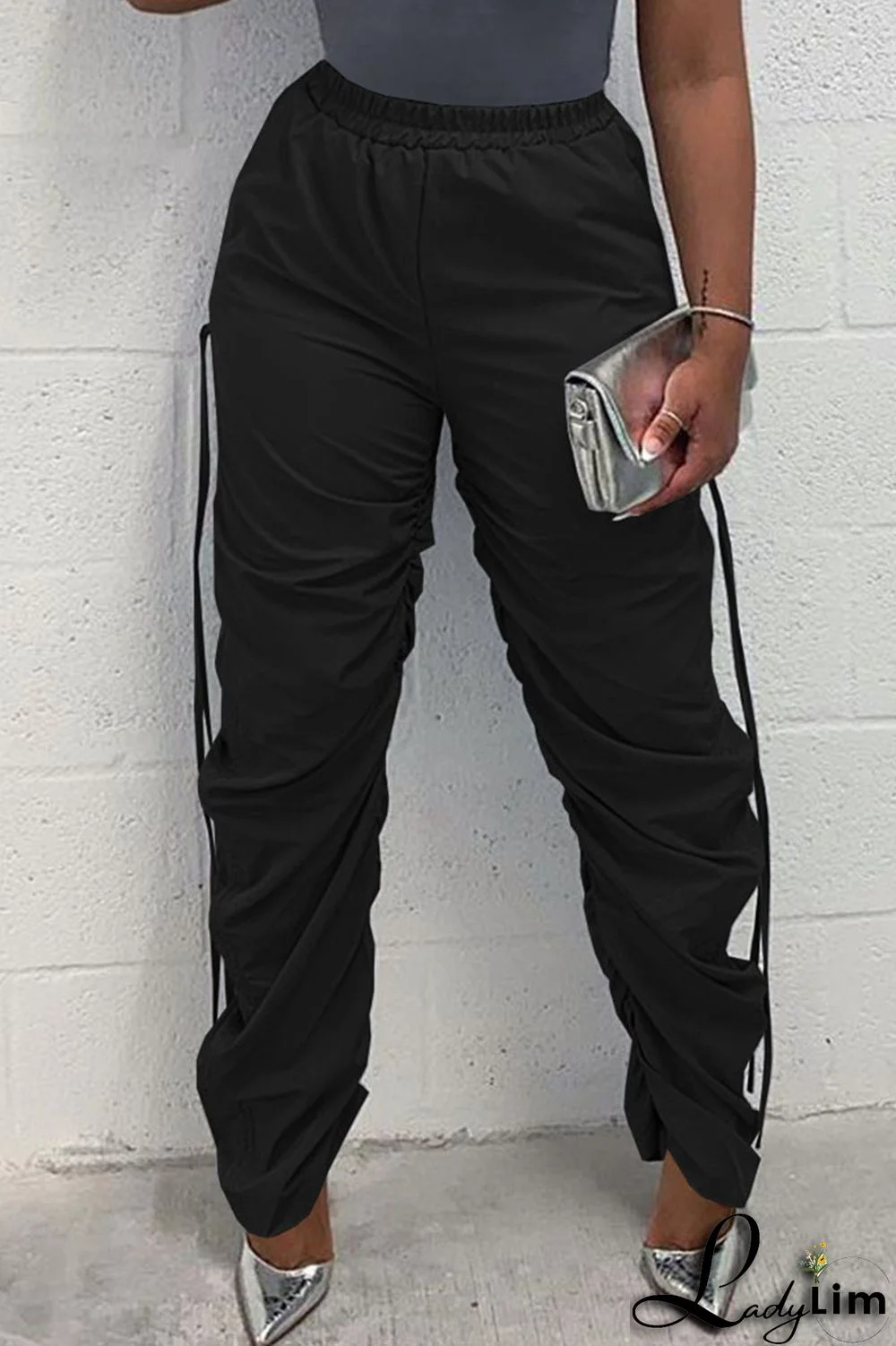 Green Casual Solid Patchwork Draw String Fold High Waist Pencil Solid Color Bottoms