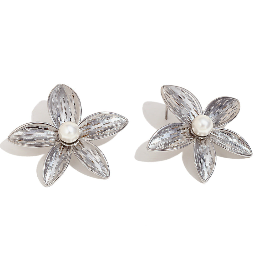 Vintage Earrings Stainless Steel 18K Gold Plated Frangipani Pearl Flower Ring For Women