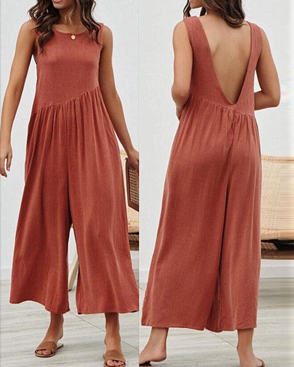 Casual Solid Irregular Pleated Crew Neck Pockets Jumpsuit - Chicaggo