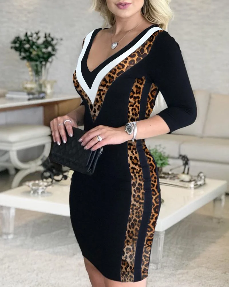 Graduation Gifts  Contrast Color Striped Tape Bodycon Dress Women  V Neck Long Sleeve Party Dress