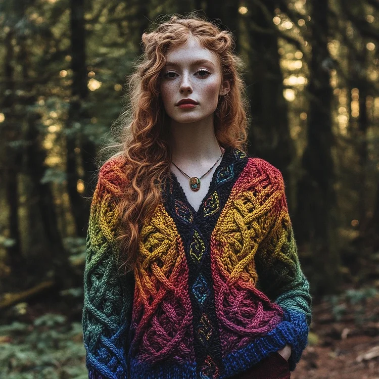 Vintage Rainbow Gradient Celtic Knot Chunky V-neck Aran Sweater