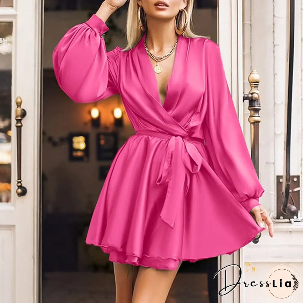 Autumn Women Lantern Long Sleeve Mini Dress Neck Party Casual Swing Wrap Line Plus Size