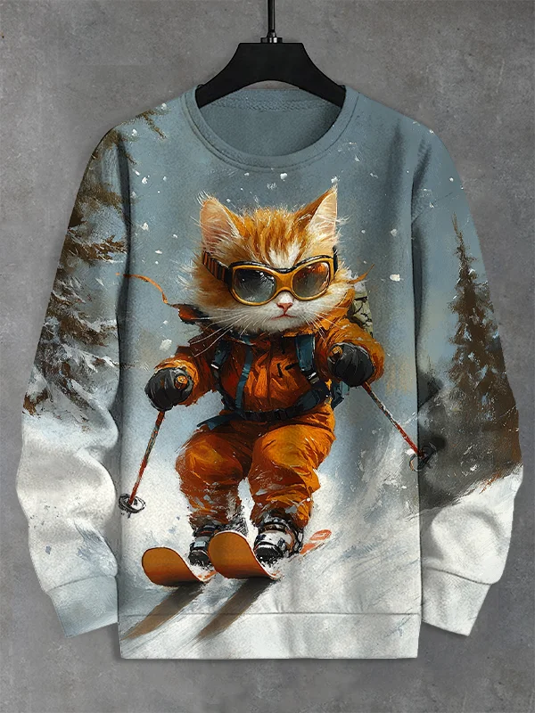 Men's Outdoor Cat Skiing Art Print Casual Sweatshirt