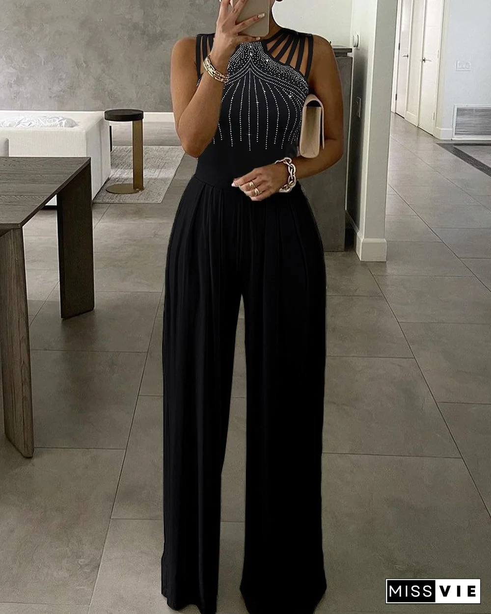 Studded Cutout Ruched Wide Leg Jumpsuit
