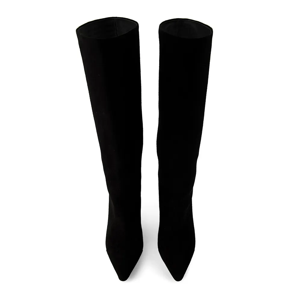 Black Vegan Suede Pointed Toe Sculptural Heel Knee High Boots with Pearl