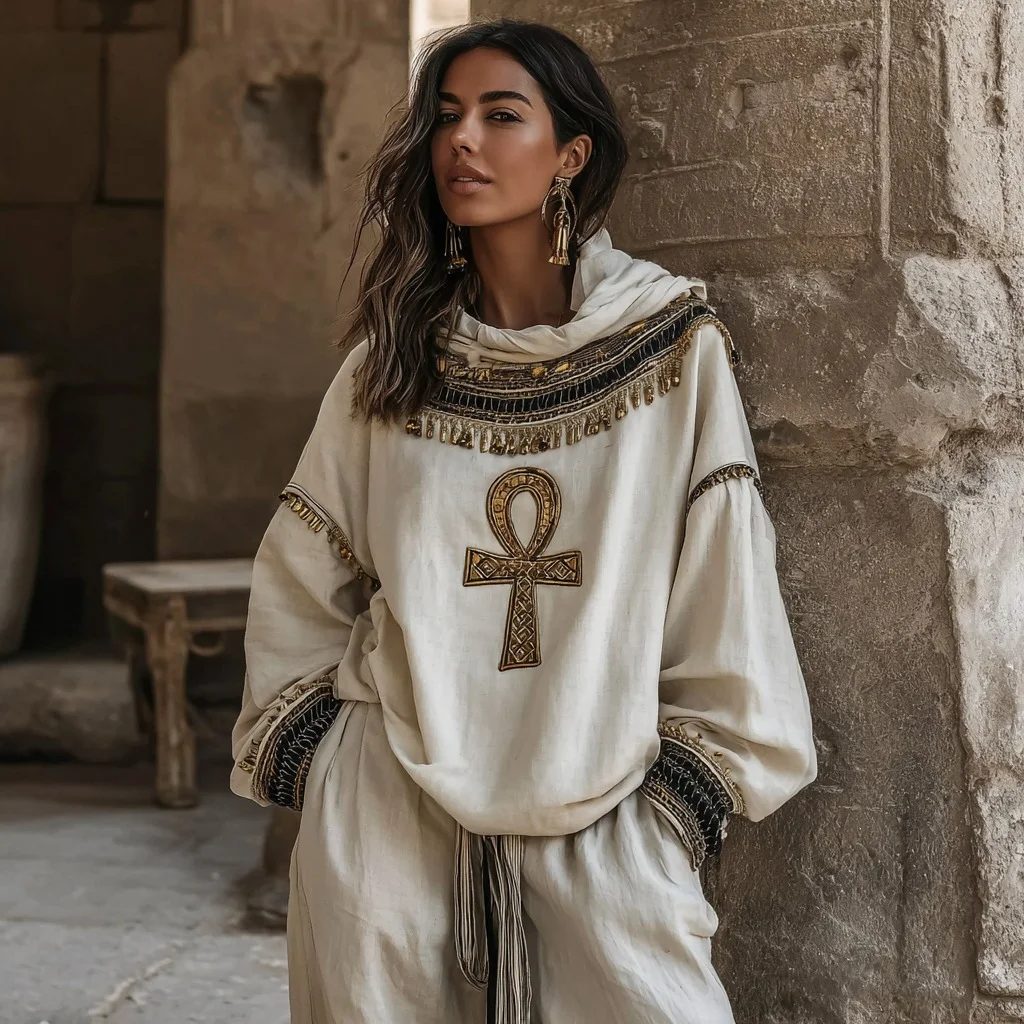 Women's Vintage Egyptian Ankh Embroidery Cozy Hoodie
