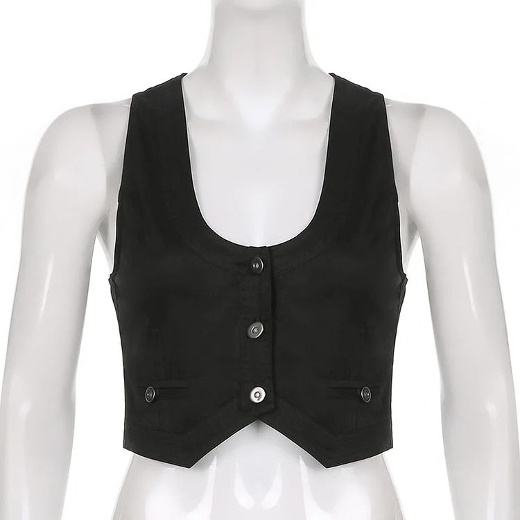 Sweetown 2021 Black Button Streetwear Vest Tops Women Cute Insta Outfits High Street O Neck Casual Tanks Cropped Girl Techwear
