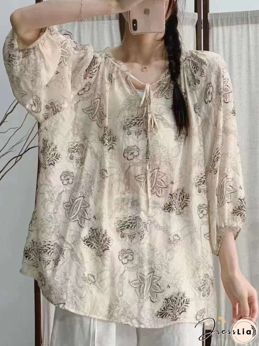 Women Summer Artsy Floral Drawstring Lacework Loose Shirt