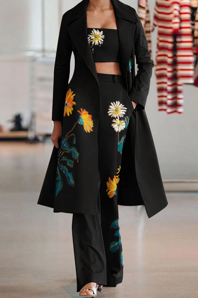 Casual Print Split Joint Turn-back Collar Long Sleeve Two Pieces