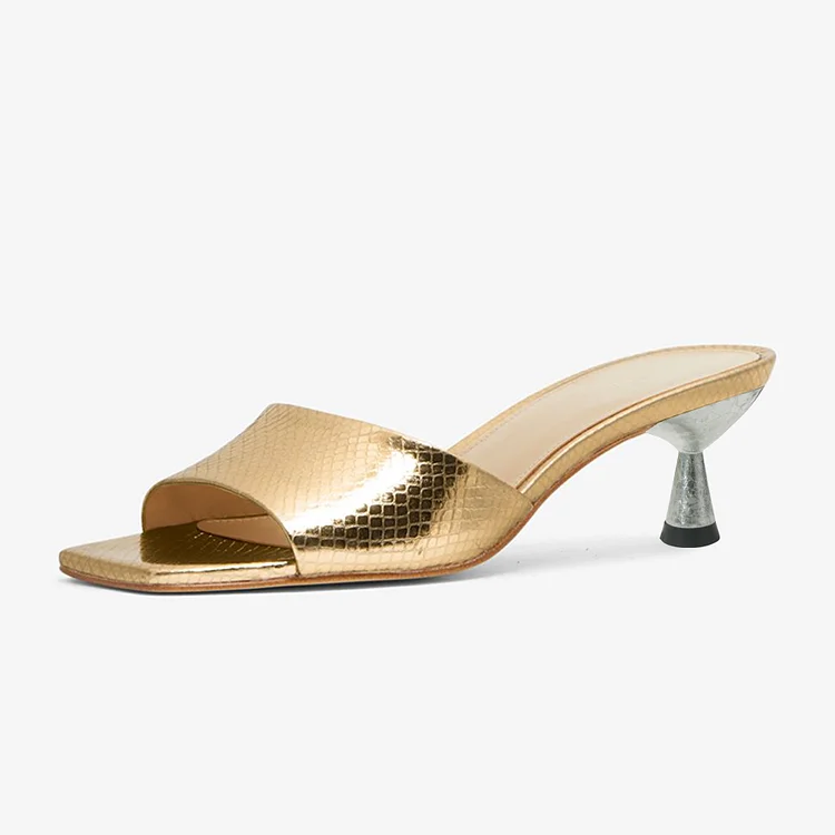 Gold Vegan Snakeskin Kitten Heels Square Toe Slip-On Heeled Mules |FSJ Shoes