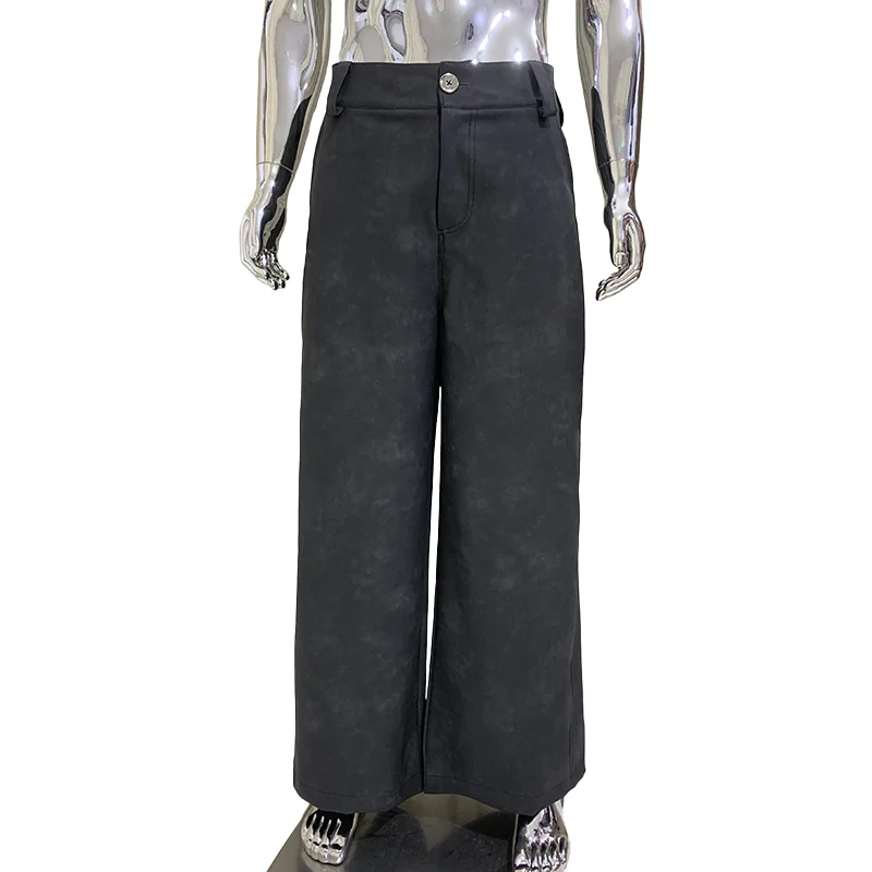 Aonga Spring Autumn Long Loose Casual Brown Pu Leather Pants Men Wide Leg LUxury Designer Unisex Trousers Fashions 2023 aonga