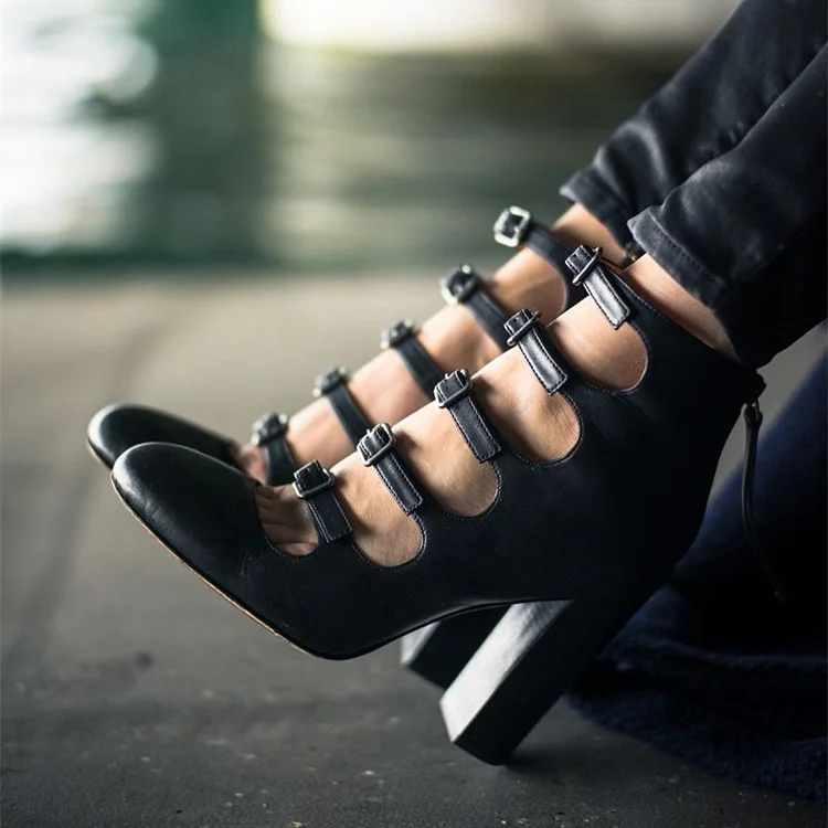 Black Chunky Heel Hollow Out Buckle Shoes Vdcoo