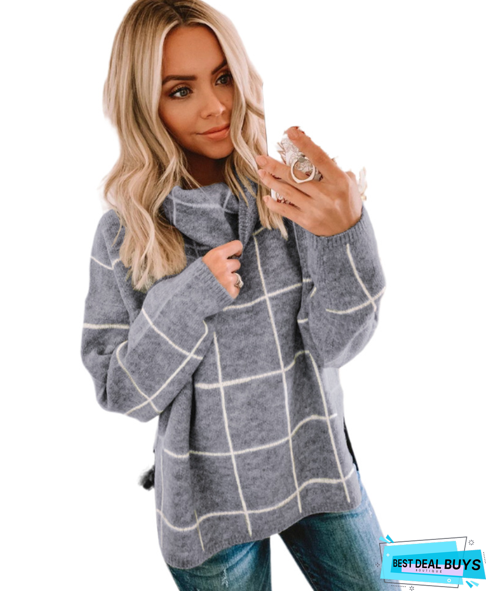 Plaid Sweater Pullover Turtleneck Pullover Checked Sweater