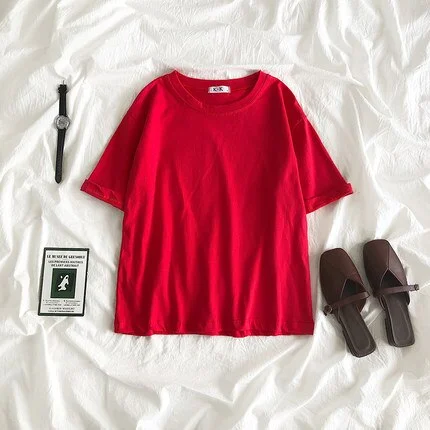 Summer Tee Shirt Solid Color Basic T-Shirt Women Casual O-neck Harajuku Top Korean Hipster Cotton Basic Tshirt