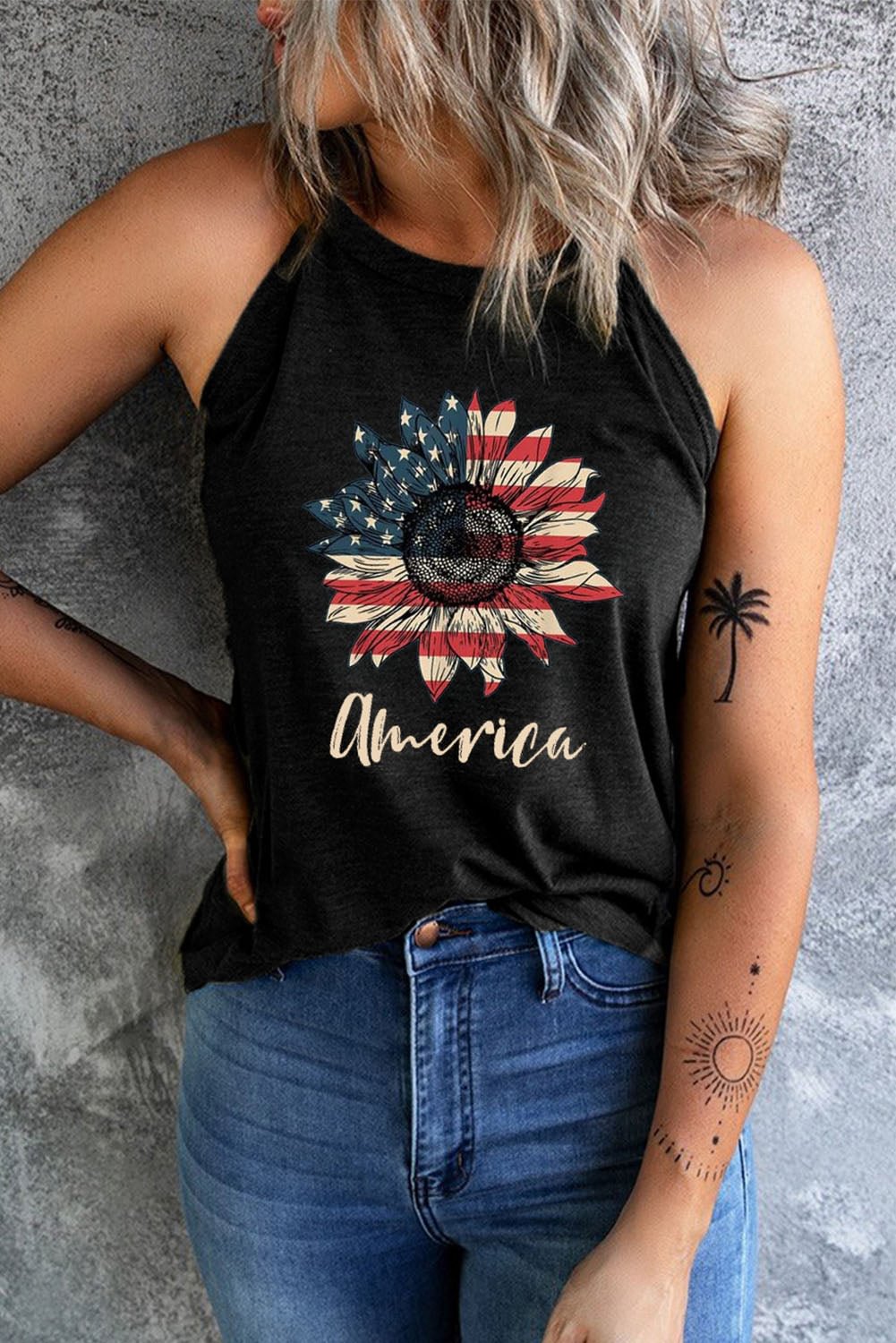 American flag Stars and Stripes Sunflower Tank Top