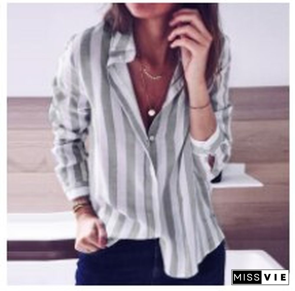 Autumn And Winter Casual Striped Candy Color Long-sleeved Shirt Top Women's Clothing