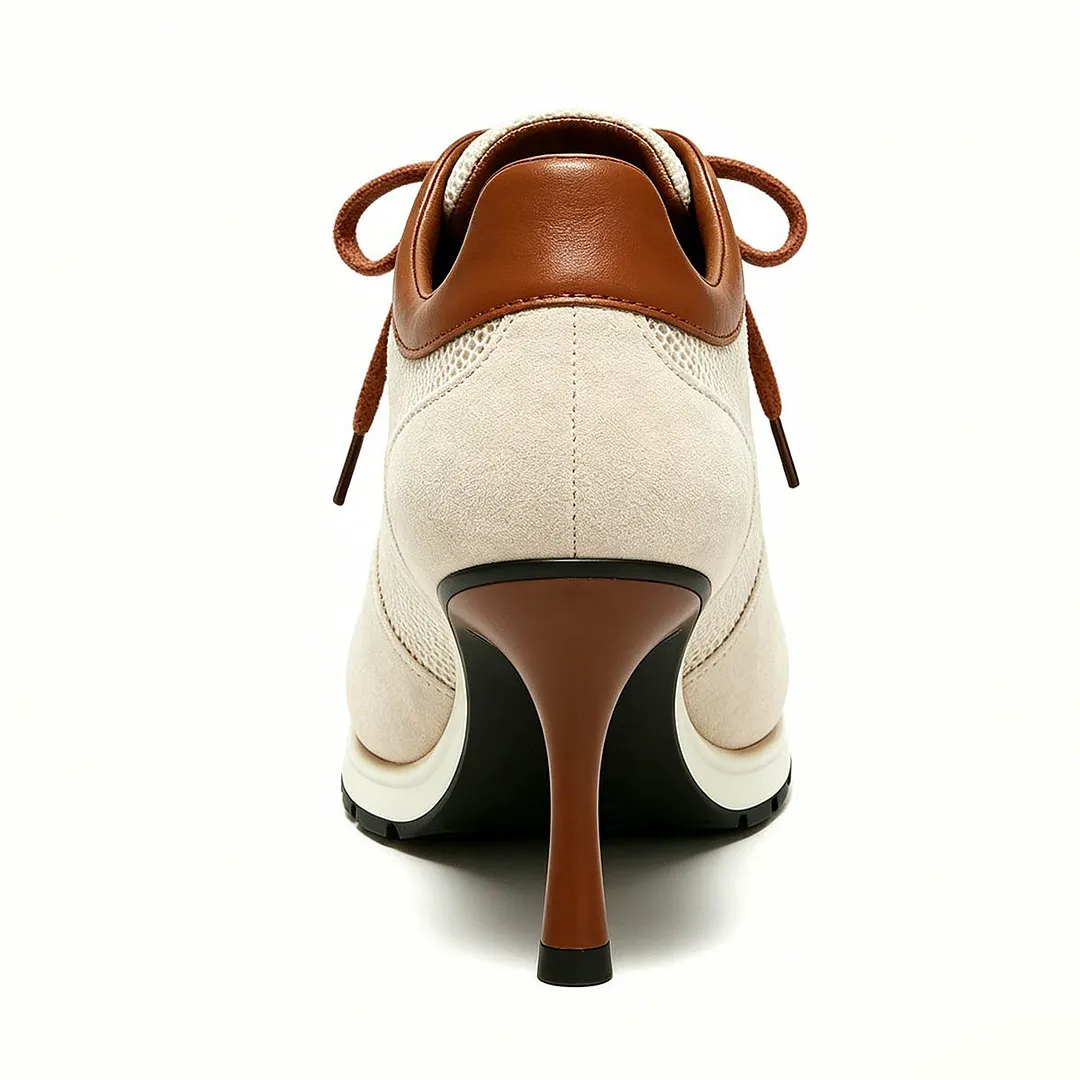 Beige and Brown Patchwork Round Toe Sneaker Stiletto High Heel Shoes