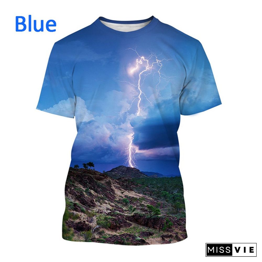 New Creative Design Lightning 3D Printing T-shirt Fashion Unisex Personality Natural Phenomenon Pattern Casual Round Neck Short-sleeved T-shirt Top