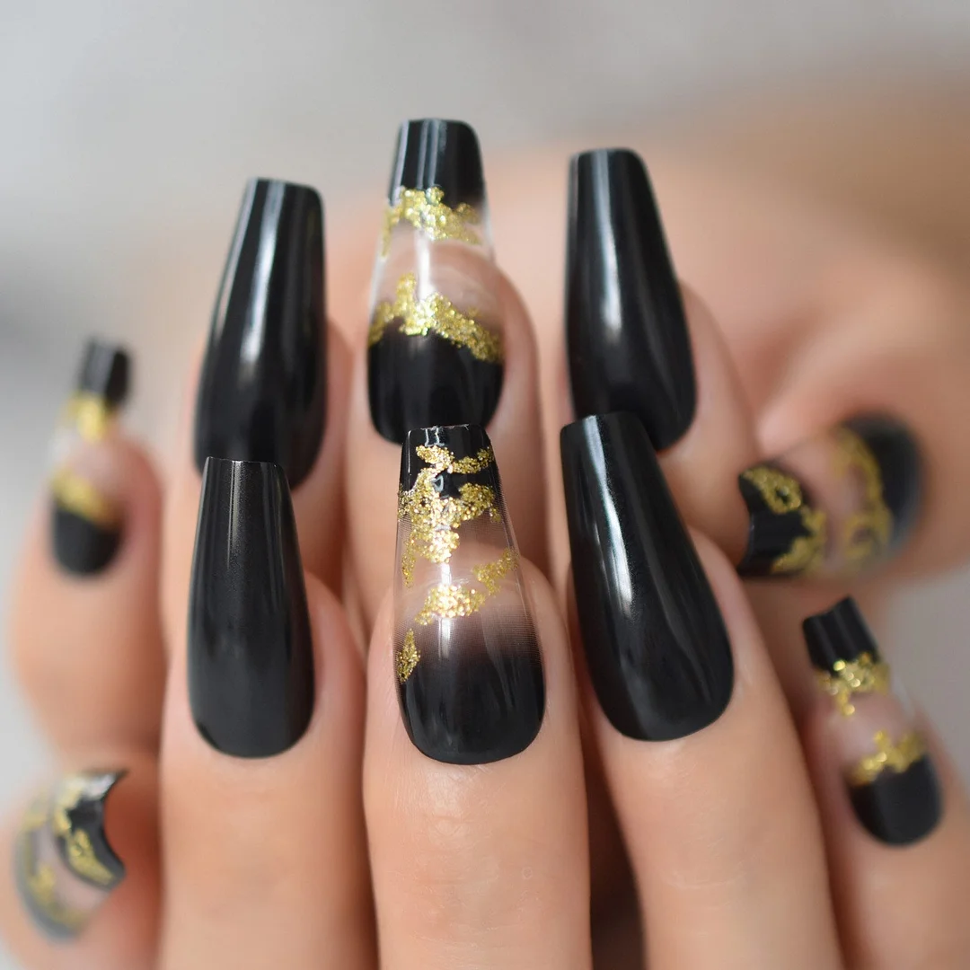 48 PCS 2*24pcs Mixed Set Extra Long Nail Art Fake Nails Tips Full Cover Fashion Nail Foil Coffin Charming Black Golden Glitter-Nail Inspo