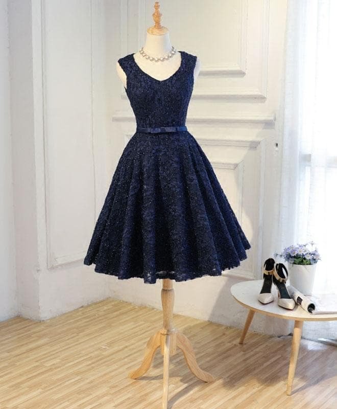 Dark Blue Lace Short Prom Dress, Blue Homecoming Dress