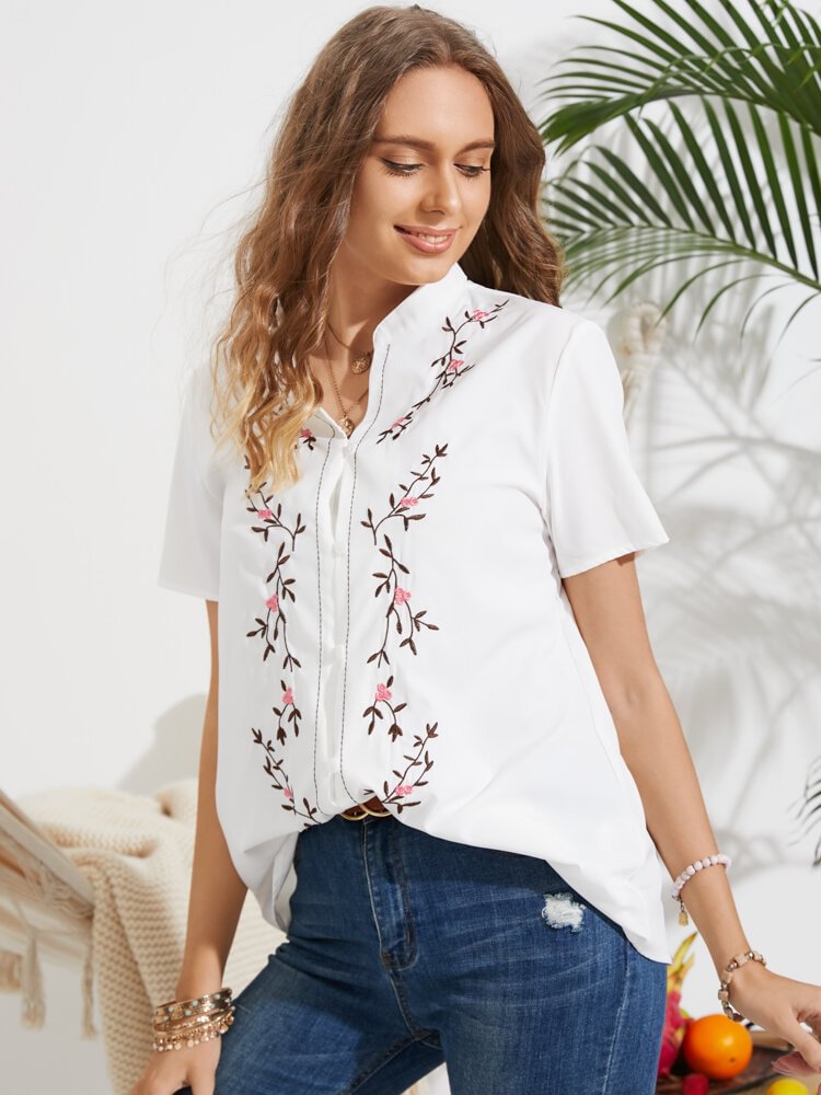Floral Print Stand Collar Short Sleeve Casual Shirt for Women P1835900